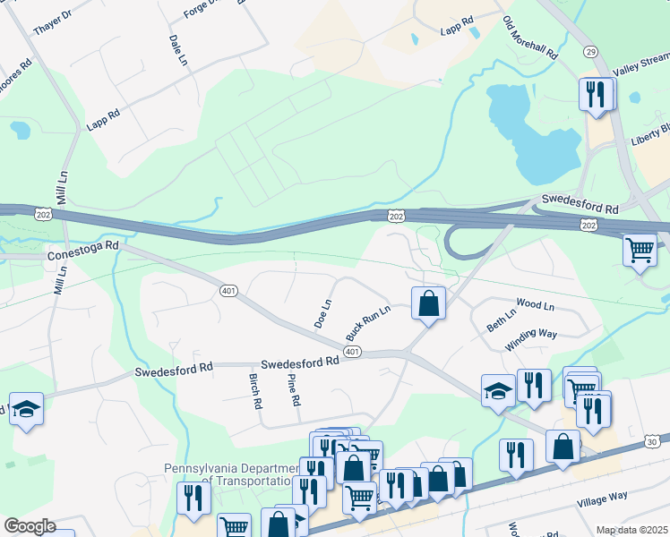 map of restaurants, bars, coffee shops, grocery stores, and more near 1 Deer Run Lane in Malvern