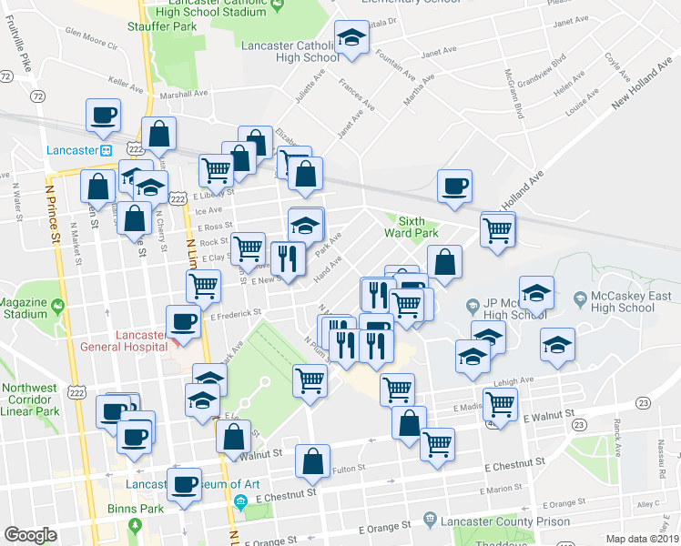 map of restaurants, bars, coffee shops, grocery stores, and more near 565 East Frederick Street in Lancaster