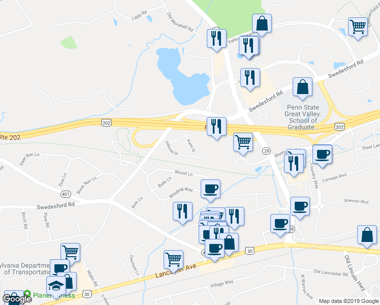 map of restaurants, bars, coffee shops, grocery stores, and more near 8 Kane Drive in Malvern