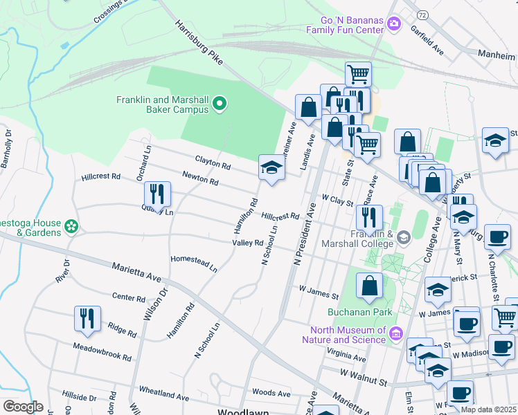 map of restaurants, bars, coffee shops, grocery stores, and more near 1215 Hillcrest Road in Lancaster