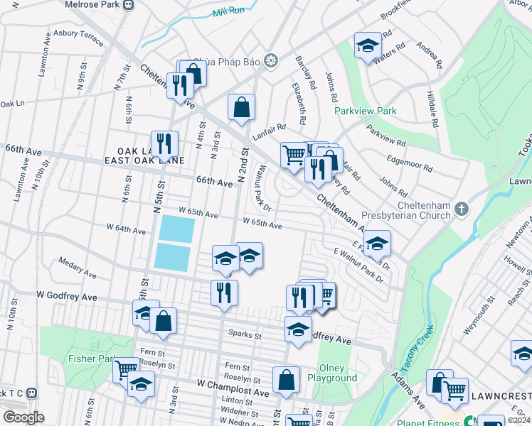 map of restaurants, bars, coffee shops, grocery stores, and more near 6500 Walnut Park Drive in Philadelphia