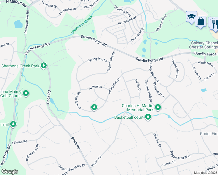map of restaurants, bars, coffee shops, grocery stores, and more near 100 Blenheim Place in Downingtown