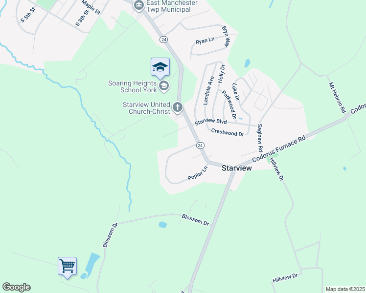 map of restaurants, bars, coffee shops, grocery stores, and more near 260 Poplar Lane in Mount Wolf