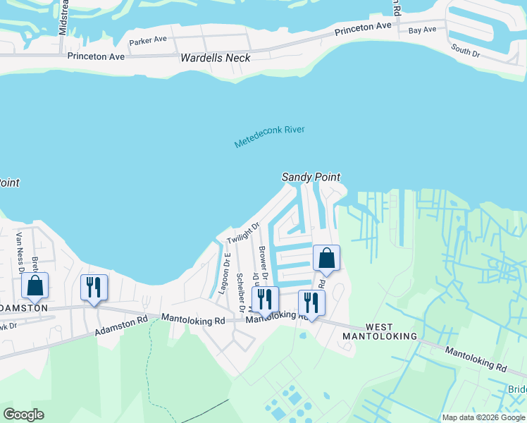 map of restaurants, bars, coffee shops, grocery stores, and more near 54 Brower Drive in Brick Township
