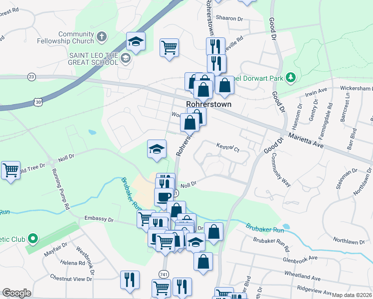 map of restaurants, bars, coffee shops, grocery stores, and more near 421 Rohrerstown Rd in Lancaster