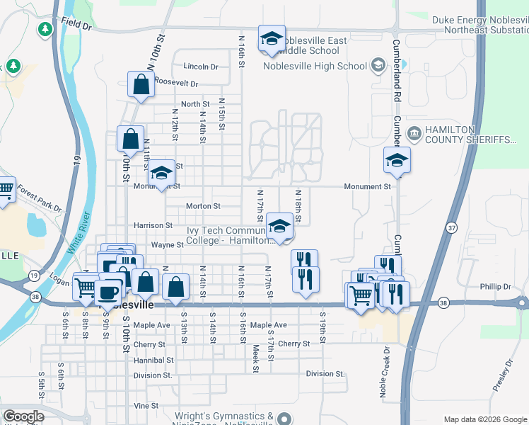 map of restaurants, bars, coffee shops, grocery stores, and more near 454 North 17th Street in Noblesville