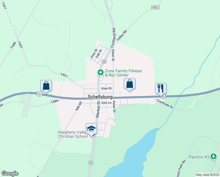 map of restaurants, bars, coffee shops, grocery stores, and more near 210 Vine Street in Schellsburg