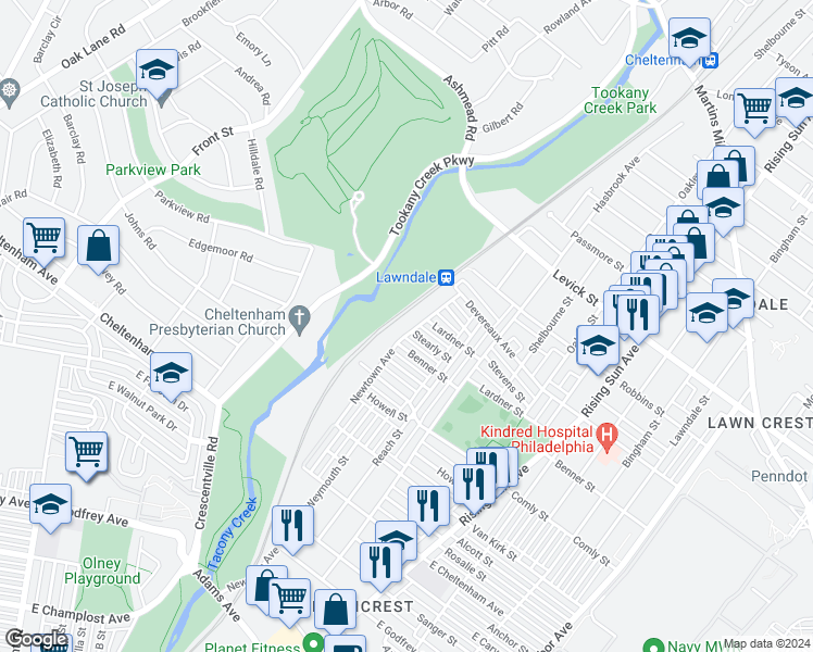 map of restaurants, bars, coffee shops, grocery stores, and more near 6118 Newtown Avenue in Philadelphia