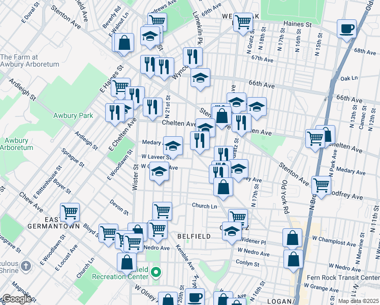 map of restaurants, bars, coffee shops, grocery stores, and more near 6265 Limekiln Pike in Philadelphia