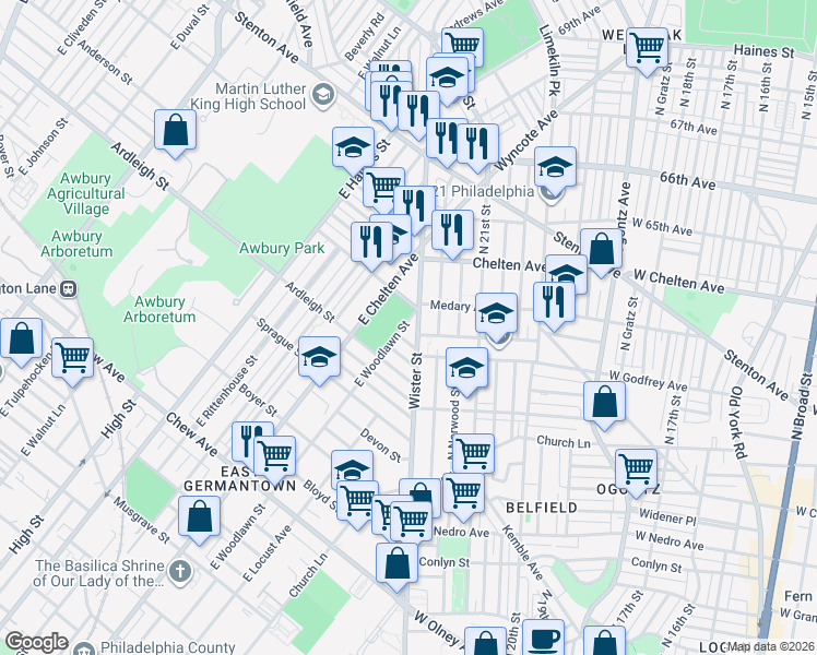 map of restaurants, bars, coffee shops, grocery stores, and more near 1100 East Woodlawn Street in Philadelphia