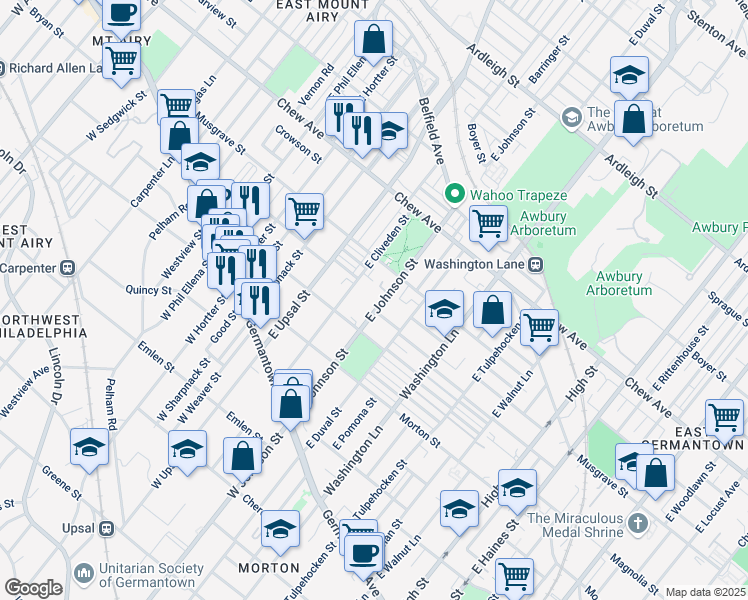 map of restaurants, bars, coffee shops, grocery stores, and more near 233 East Johnson Street in Philadelphia