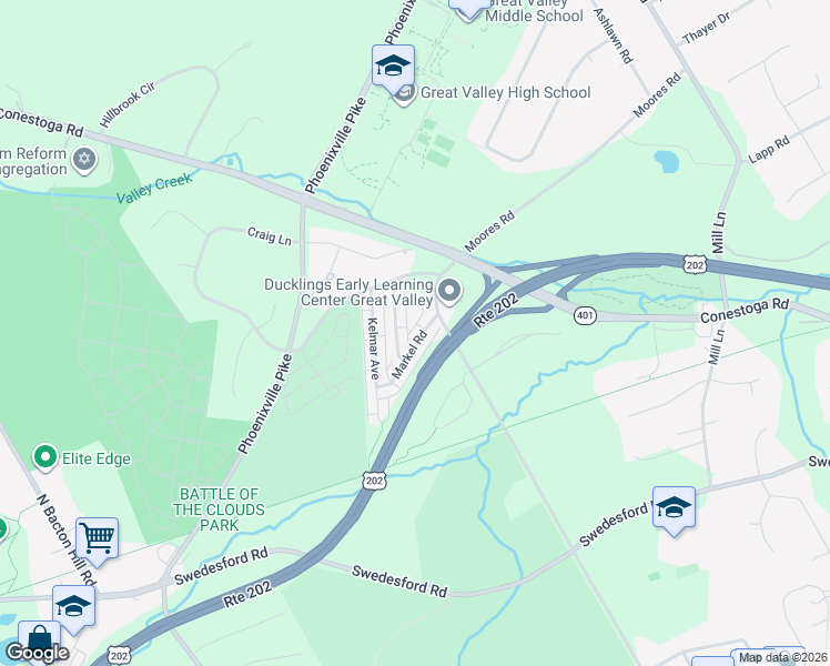 map of restaurants, bars, coffee shops, grocery stores, and more near 24 Markel Road in Malvern