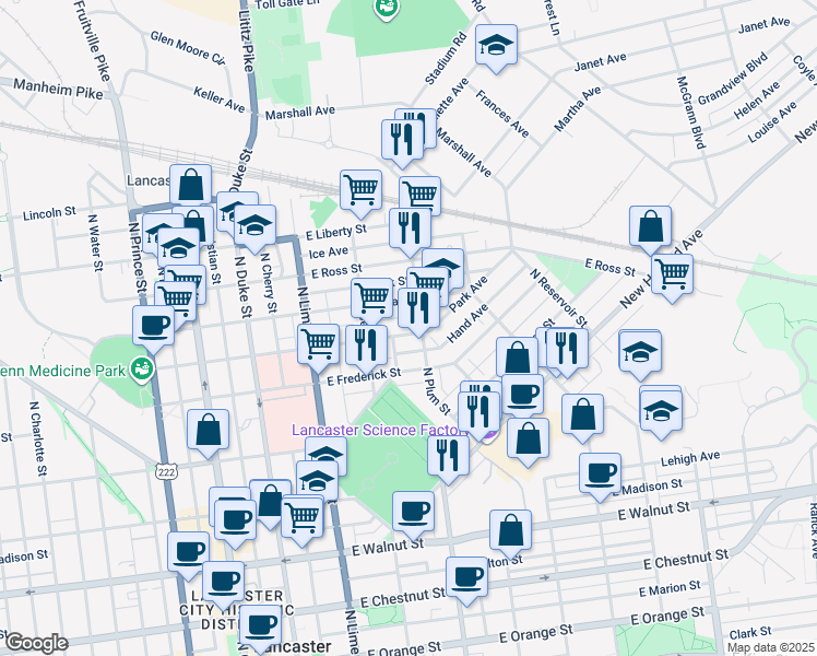 map of restaurants, bars, coffee shops, grocery stores, and more near 701 North Plum Street in Lancaster