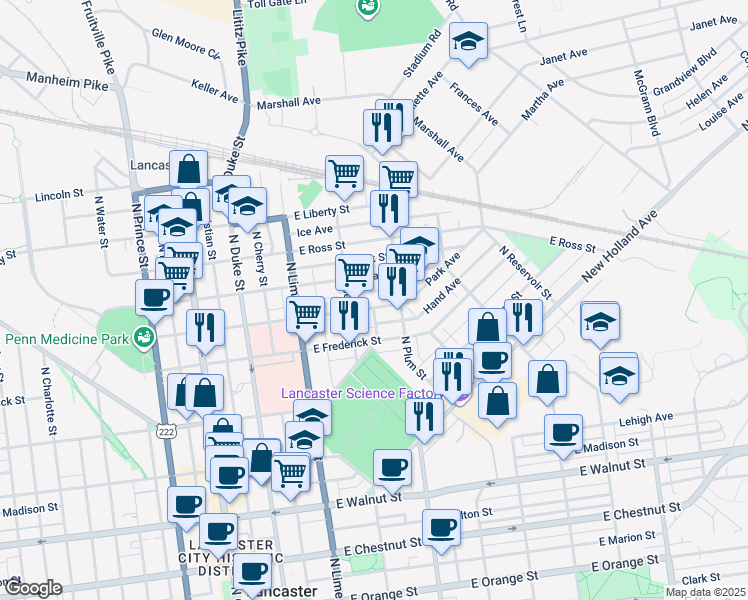 map of restaurants, bars, coffee shops, grocery stores, and more near 311 East New Street in Lancaster