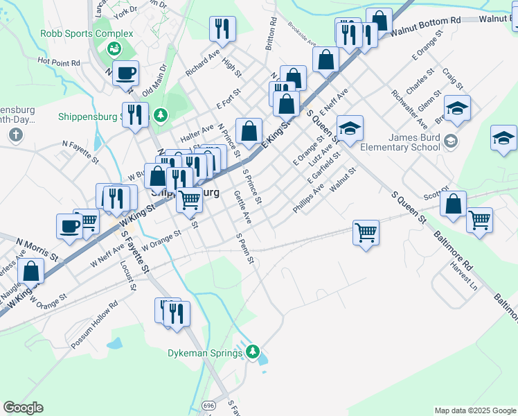 map of restaurants, bars, coffee shops, grocery stores, and more near 110 S Prince St in Shippensburg