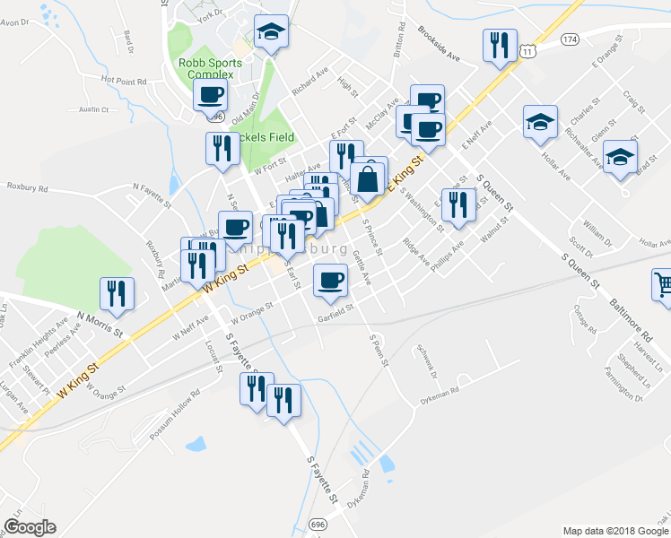 map of restaurants, bars, coffee shops, grocery stores, and more near 30 South Penn Street in Shippensburg