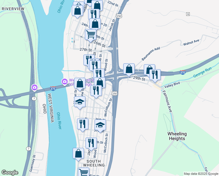 map of restaurants, bars, coffee shops, grocery stores, and more near 118 31st St in Wheeling