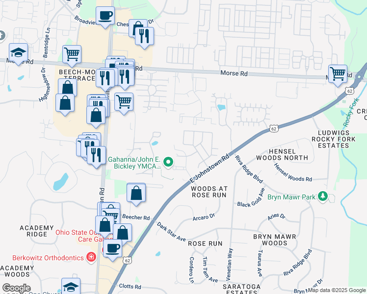 map of restaurants, bars, coffee shops, grocery stores, and more near 640 Grove Circle in Columbus