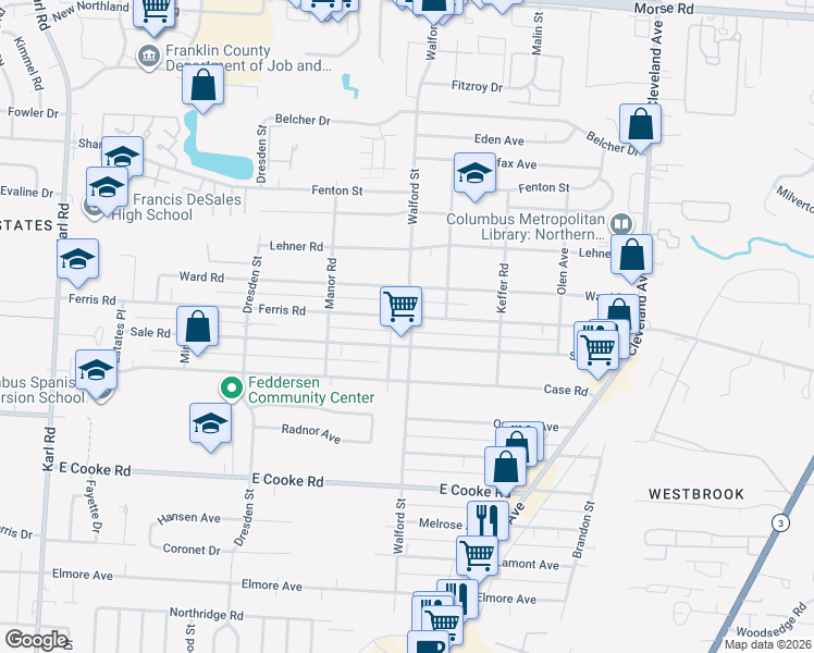 map of restaurants, bars, coffee shops, grocery stores, and more near 1977 Ferris Road in Columbus