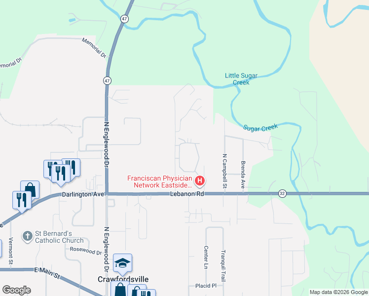 map of restaurants, bars, coffee shops, grocery stores, and more near 900 Aspen Drive in Crawfordsville