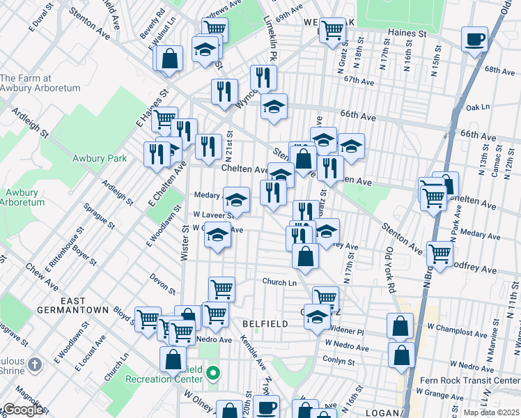 map of restaurants, bars, coffee shops, grocery stores, and more near 6240 North 20th Street in Philadelphia