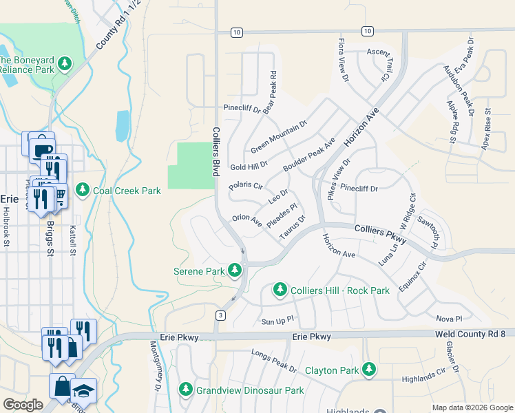 map of restaurants, bars, coffee shops, grocery stores, and more near 381 Leo Drive in Erie
