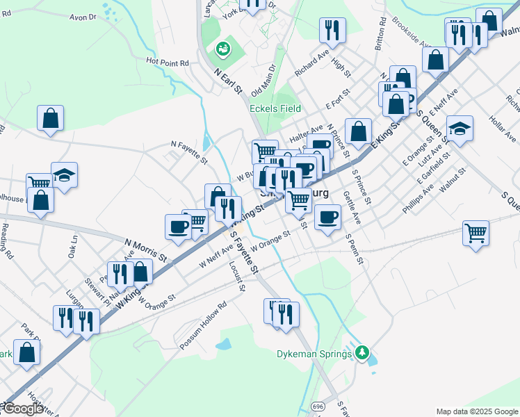 map of restaurants, bars, coffee shops, grocery stores, and more near 52 West King Street in Shippensburg