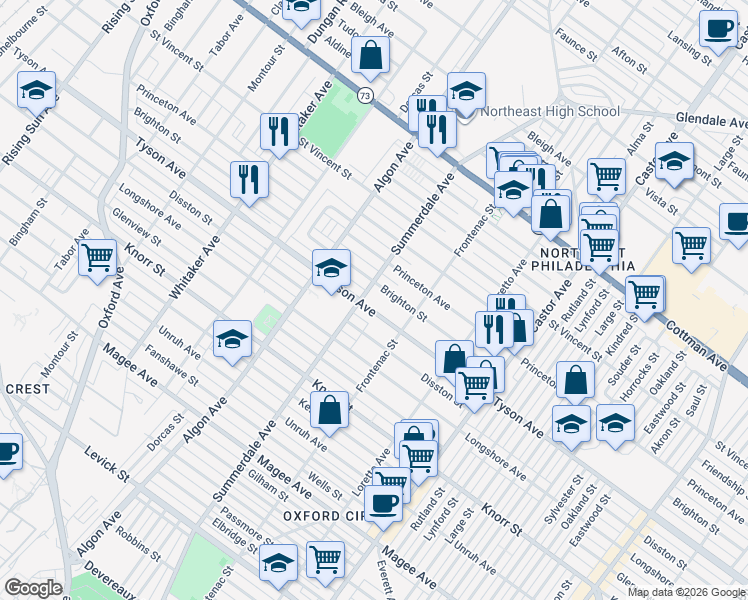 map of restaurants, bars, coffee shops, grocery stores, and more near 1203 Tyson Avenue in Philadelphia