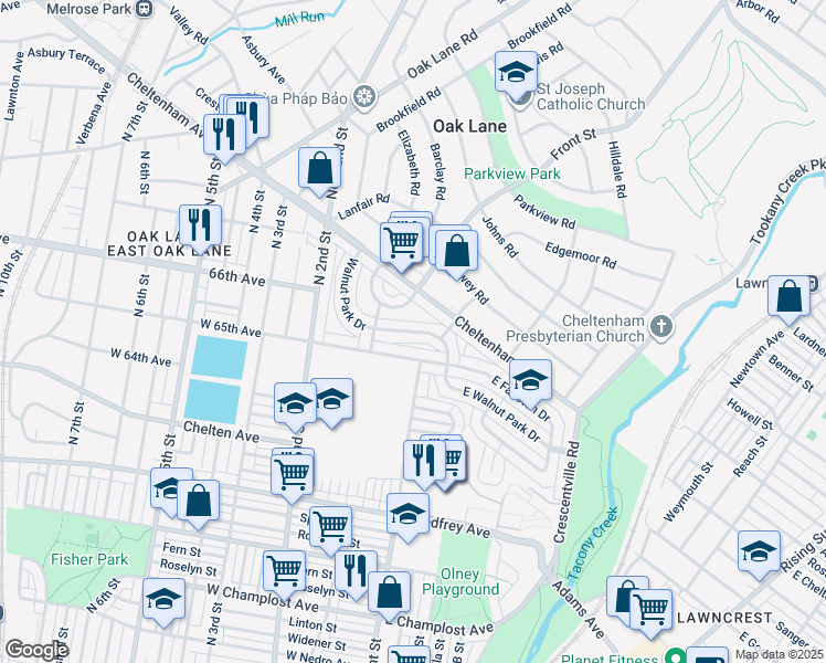 map of restaurants, bars, coffee shops, grocery stores, and more near West Walnut Park Drive in Philadelphia