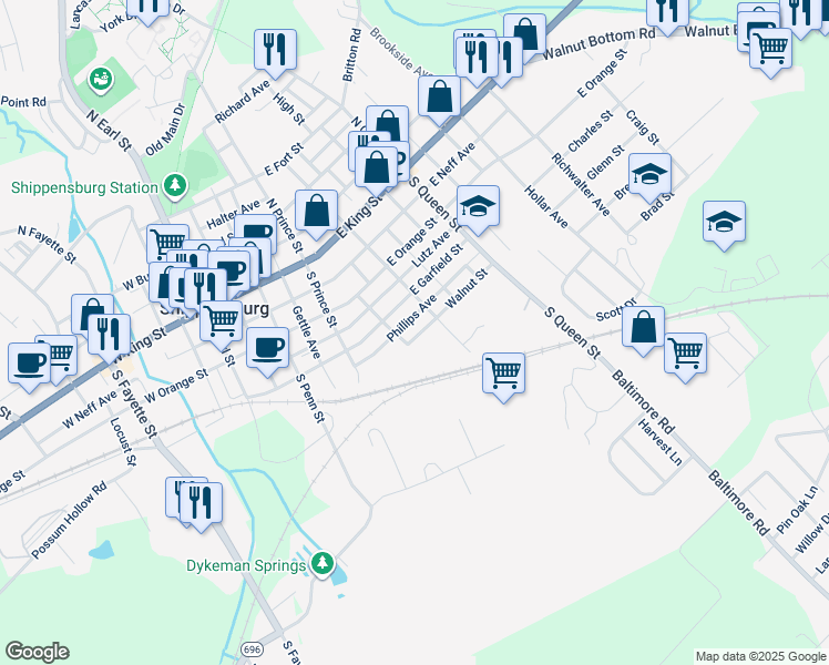 map of restaurants, bars, coffee shops, grocery stores, and more near 243 Walnut Street in Shippensburg
