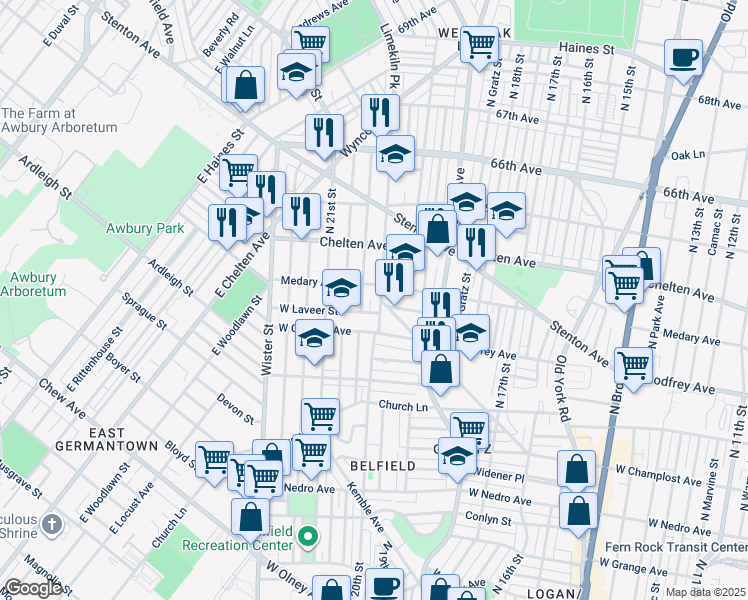 map of restaurants, bars, coffee shops, grocery stores, and more near 6240 North 20th Street in Philadelphia