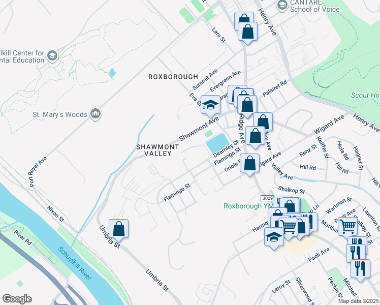 map of restaurants, bars, coffee shops, grocery stores, and more near 417 Shawmont Avenue in Philadelphia