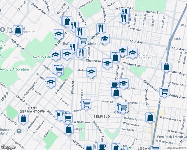 map of restaurants, bars, coffee shops, grocery stores, and more near 6239 North Lambert Street in Philadelphia