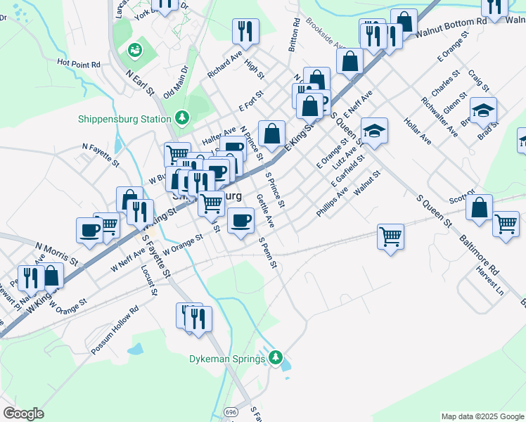 map of restaurants, bars, coffee shops, grocery stores, and more near 106 East Orange Street in Shippensburg