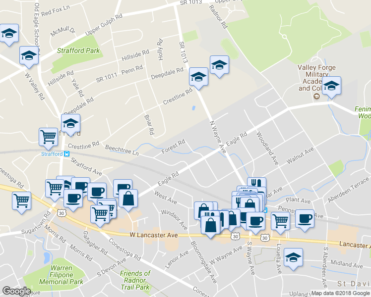 map of restaurants, bars, coffee shops, grocery stores, and more near 8 Forest Road in Wayne