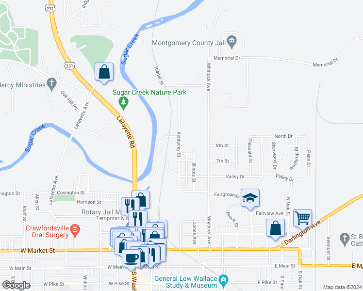 map of restaurants, bars, coffee shops, grocery stores, and more near 714 Kentucky Street in Crawfordsville