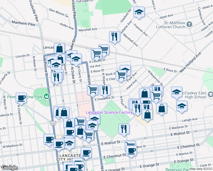 map of restaurants, bars, coffee shops, grocery stores, and more near 711 North Shippen Street in Lancaster