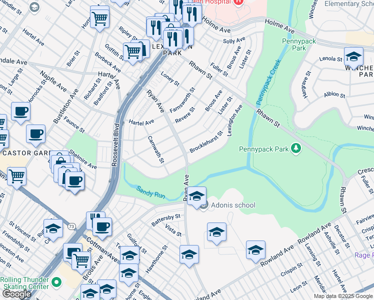 map of restaurants, bars, coffee shops, grocery stores, and more near 7800 Brocklehurst Street in Philadelphia