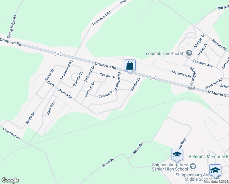 map of restaurants, bars, coffee shops, grocery stores, and more near 1046 Celeste Drive in Shippensburg