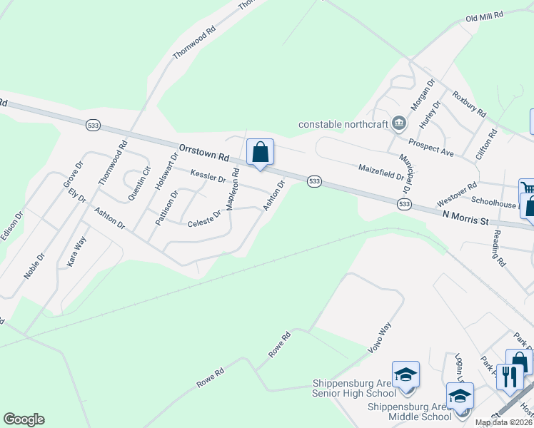 map of restaurants, bars, coffee shops, grocery stores, and more near 1012 Ashton Drive in Shippensburg