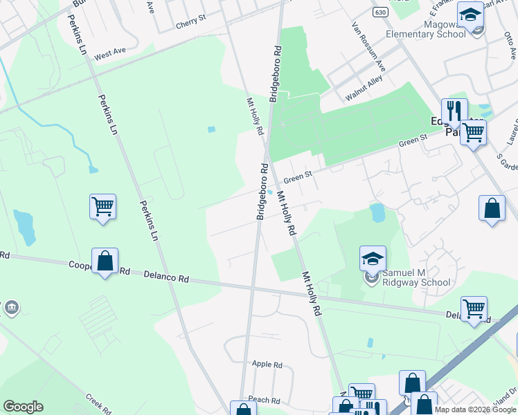 map of restaurants, bars, coffee shops, grocery stores, and more near 1115 Bridgeboro Road in Beverly