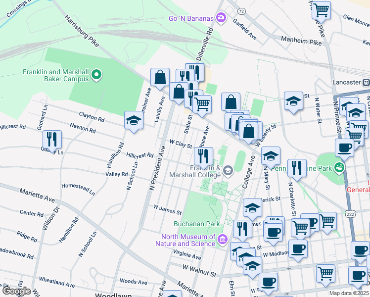 map of restaurants, bars, coffee shops, grocery stores, and more near 741 State Street in Lancaster