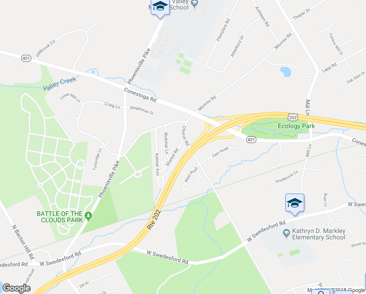 map of restaurants, bars, coffee shops, grocery stores, and more near 8 Markel Road in Malvern