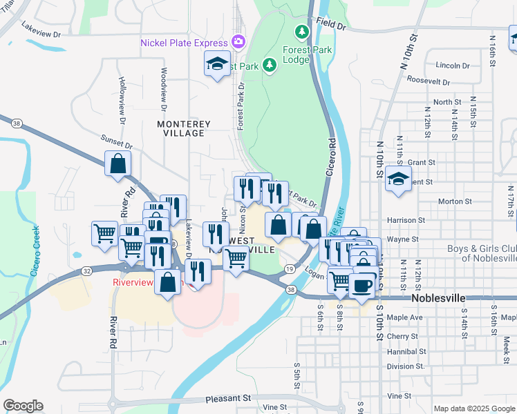 map of restaurants, bars, coffee shops, grocery stores, and more near 172 Logan Street in Noblesville