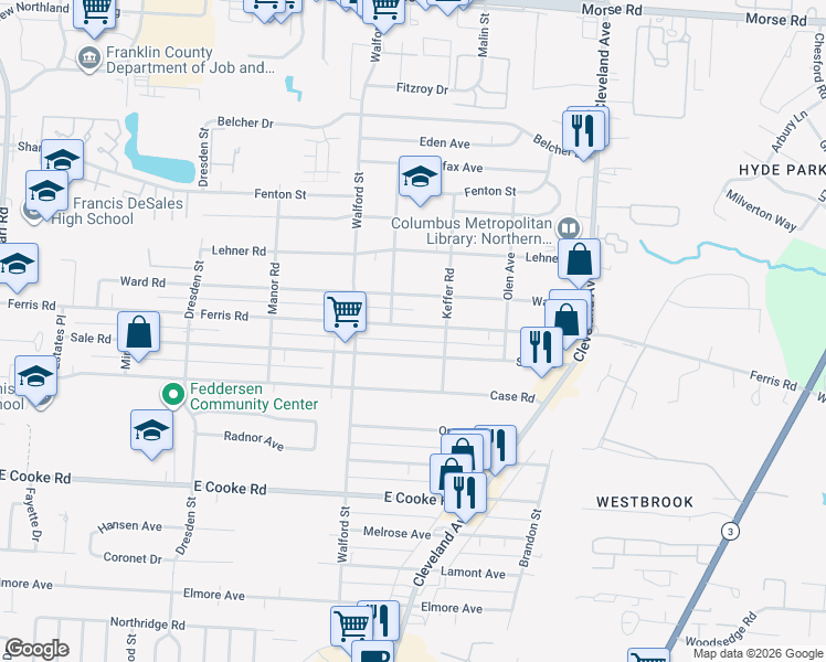 map of restaurants, bars, coffee shops, grocery stores, and more near 2085 Ferris Road in Columbus