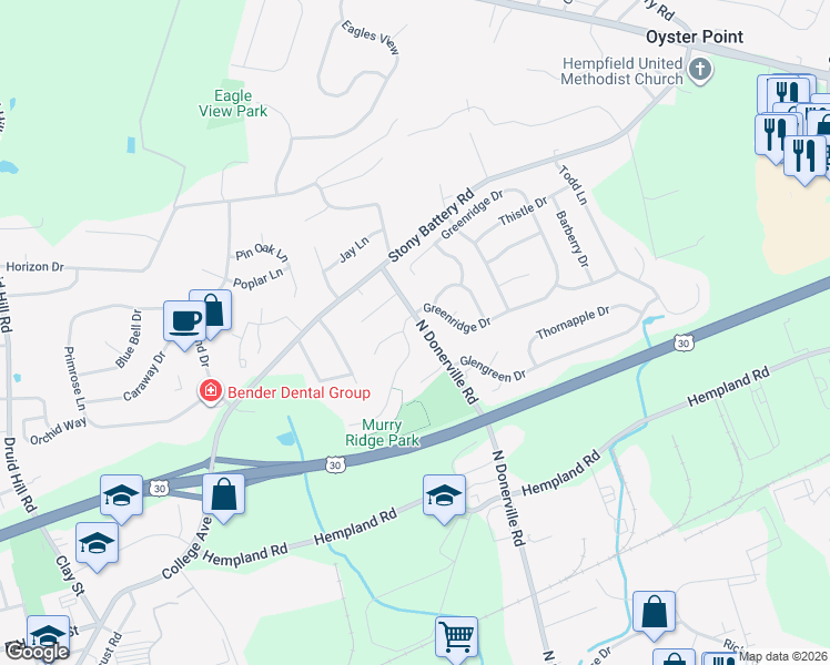 map of restaurants, bars, coffee shops, grocery stores, and more near 3302 Greenridge Dr in Mountville