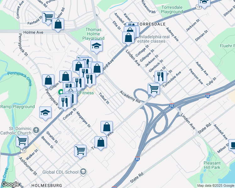 map of restaurants, bars, coffee shops, grocery stores, and more near 4500 Carwithan Street in Philadelphia