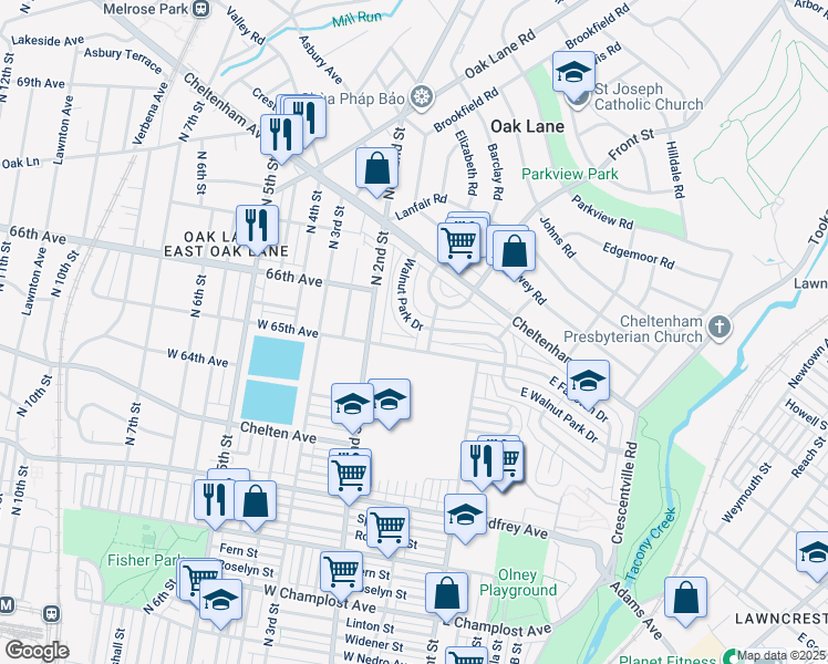 map of restaurants, bars, coffee shops, grocery stores, and more near West Walnut Park Drive in Philadelphia