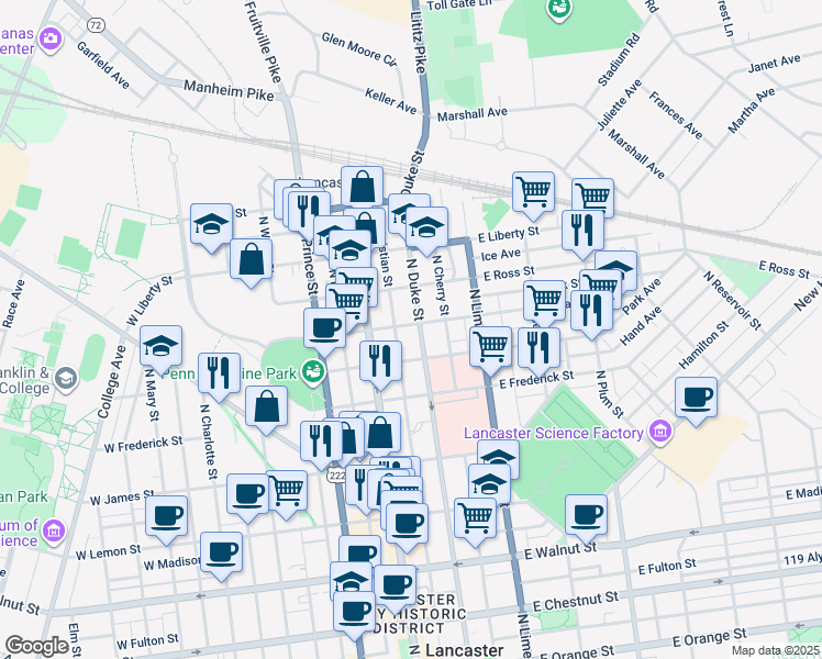 map of restaurants, bars, coffee shops, grocery stores, and more near 46 East Clay Street in Lancaster