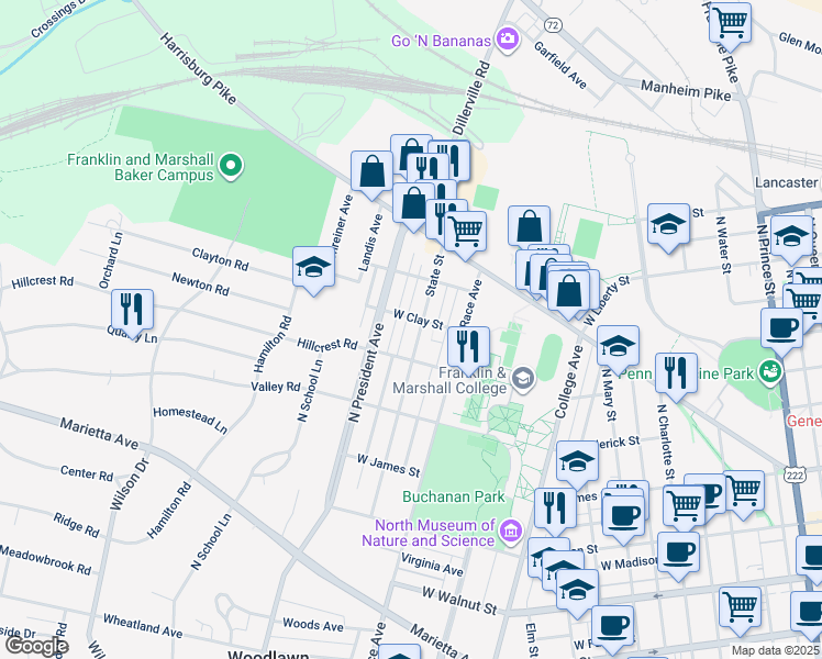 map of restaurants, bars, coffee shops, grocery stores, and more near 730 State Street in Lancaster
